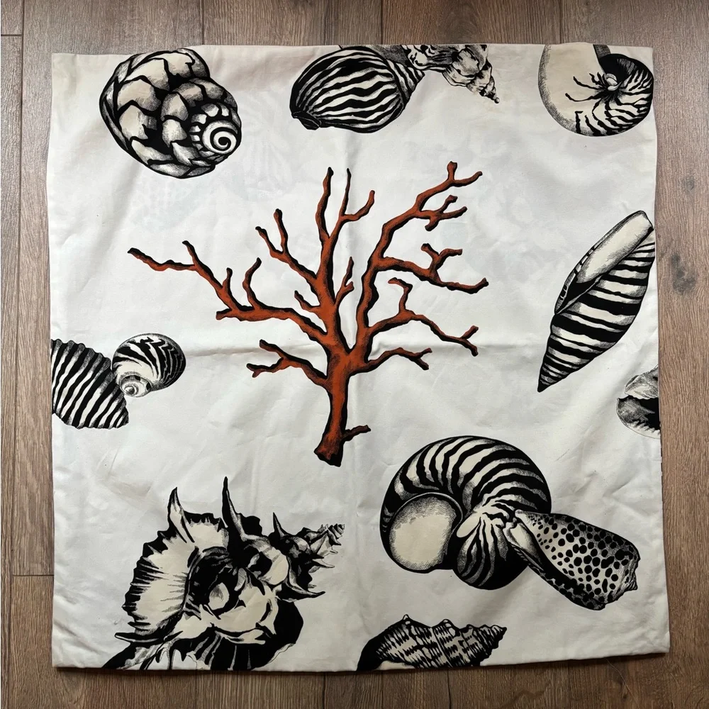 Coastal Seashell Coral Pillow Cover Modern Beach House Cotton Euro 26” Square